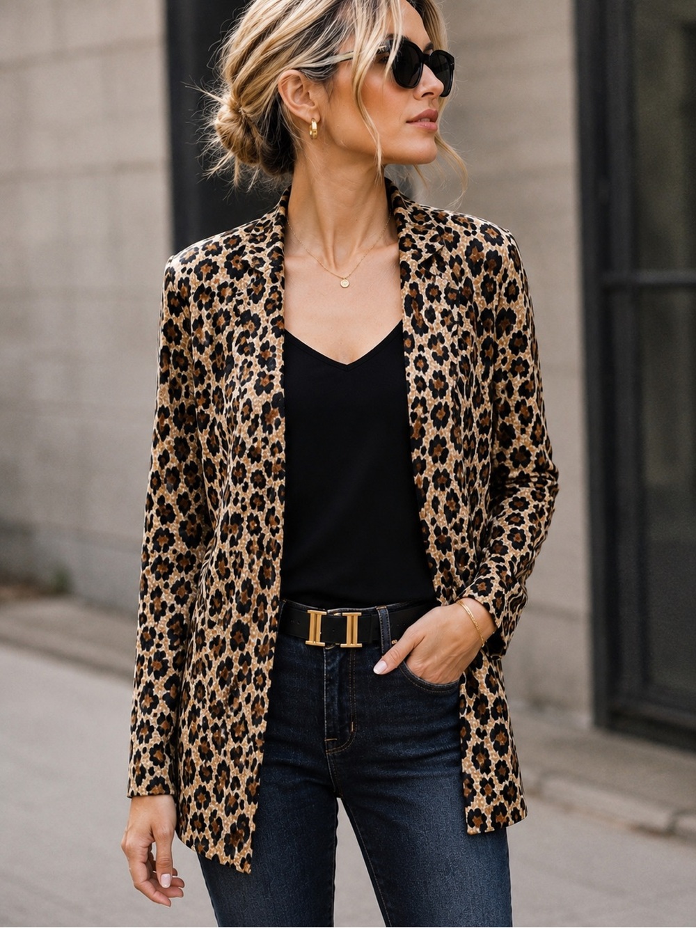 Leopard Print Open Front Jacket XL Brown Cream Animal Print Lightweight Blazer